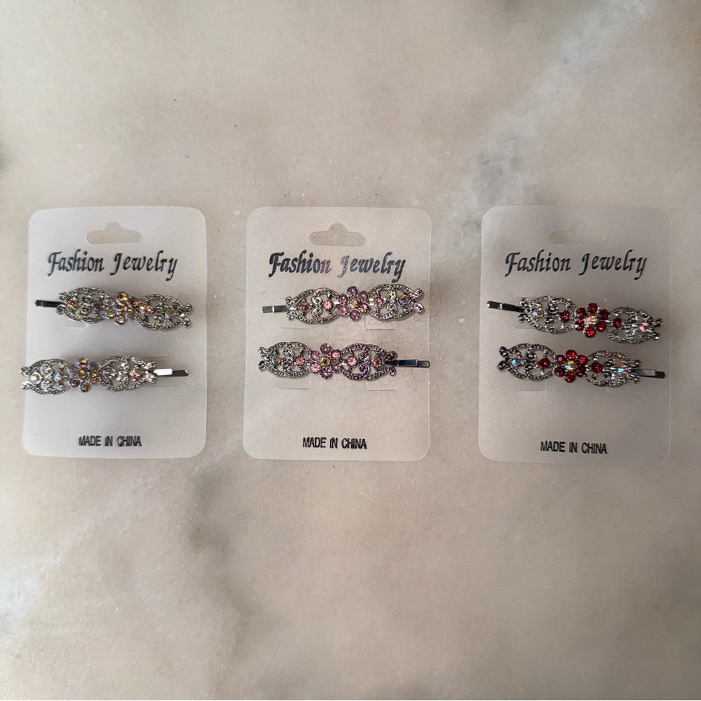 Rhinestone Decorative Hair Clips - silver, Pink & Red Gems (Set of 6)